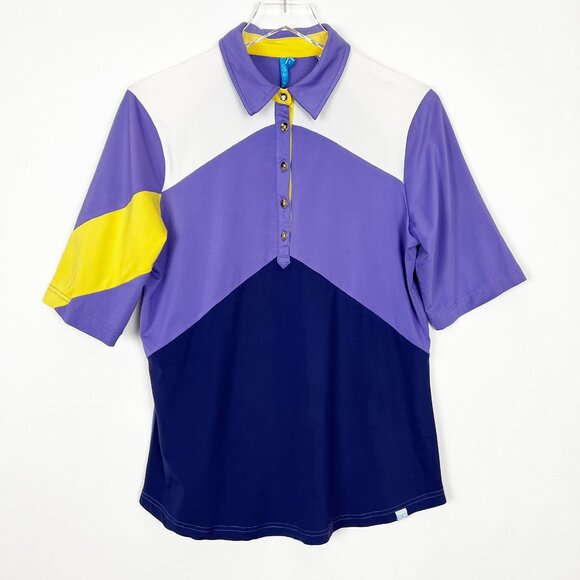 GG Blue Top Womens L Purple Blue White Yellow Colorblock Golf Tennis Pickle Ball - Picture 1 of 13